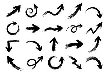 Fototapeta premium Hand drawn brush arrow collection, black directional symbols, curved circular looping and zigzag forms, expressive ink elements for navigation graphics