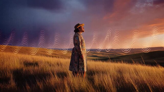Traditional Tuvan Throat Singer in Golden Grassland with Sound Waves