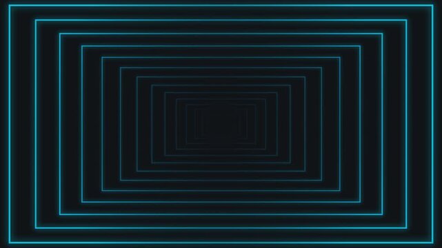 Blue neon glowing rectangular frames creating deep infinite tunnel motion background for modern video graphic projects
