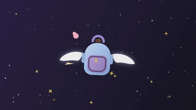 Magical winged backpack flying through starry night space in this charming animated cartoon motion video clip