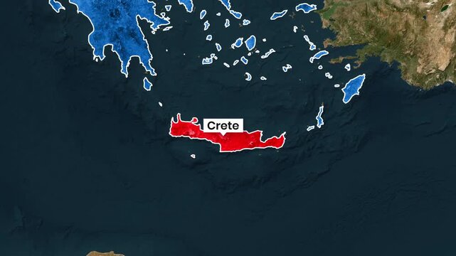 Animated map highlighting Crete Island in red motion graphic video