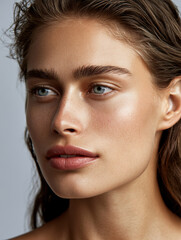 Fototapeta premium Natural woman face tan skin blue eye full lip healthy skin beauty closeup young smooth skin neutral background