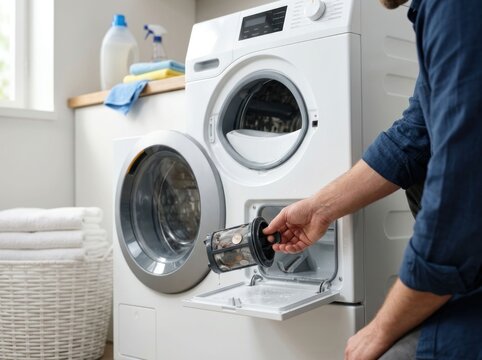 Man cleaning washing machine filter for maintenance.
