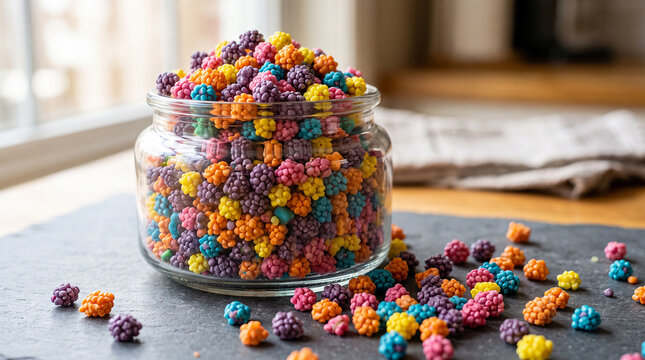 Vibrant Rainbow Candy Clusters in a Clear Glass Jar