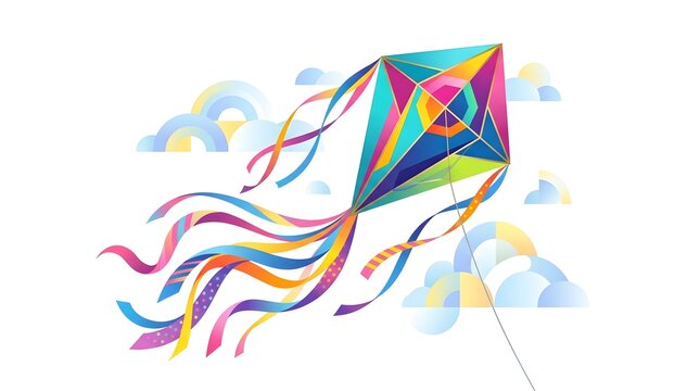 A colorful geometric kite soaring high in the sky with long flowing ribbons past fluffy clouds.