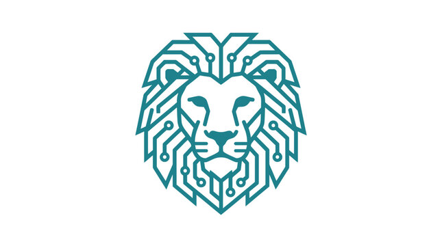 Abstract digital lion head logo with circuit board mane for technology and AI concepts