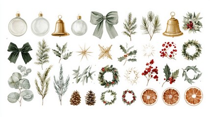 Fototapeta premium Vintage Christmas clipart with a reindeer, evergreen tree, rocking horse, lantern, pine cone, wreath, snow globe and gift. Christmas, winter woodland, cozy tradition, festive gifting, New Year.