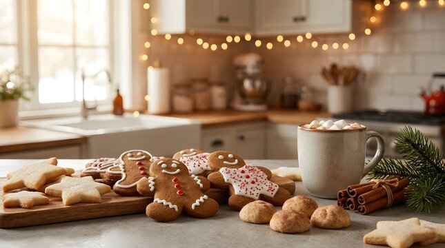 Freshly baked christmas gingerbread cookies on a wooden board in a cozy decorated kitchen during the holidays