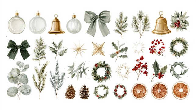Vintage Christmas clipart with a reindeer, evergreen tree, rocking horse, lantern, pine cone, wreath, snow globe and gift. Christmas, winter woodland, cozy tradition, festive gifting, New Year.