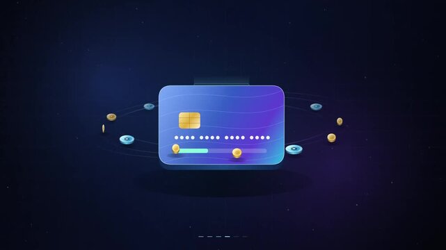 Abstract animation of a digital credit card with orbiting coins and financial interface displaying account balance for cryptocurrency payment.