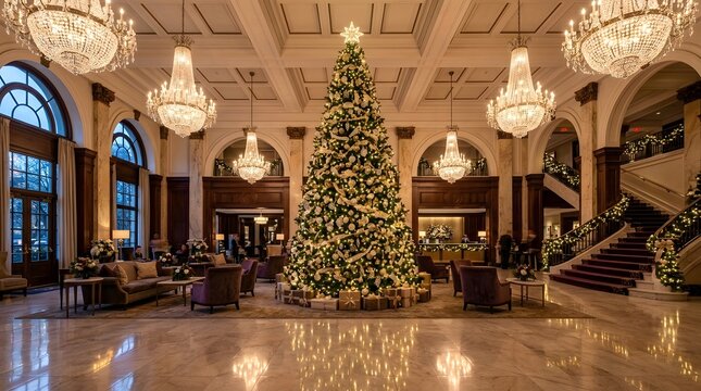 A grand hotel lobby decorated for the holidays with a large christmas tree and crystal chandeliers