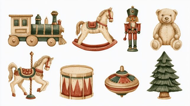 Vintage Christmas clipart with a toy train, rocking horses, nutcracker, teddy bear, drum, spinning top and tree. Christmas, winter playtime, nostalgic toys, cozy tradition, New Year.