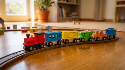 Colorful wooden toy train travels along a curved track on a bright wooden floor in a cozy, sunlit living room play area. © Ibnu Fatah