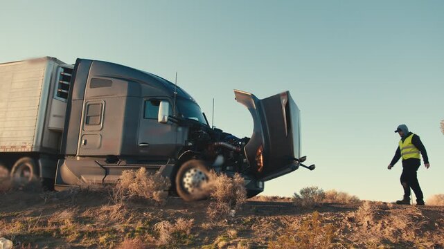 Truck driver inspecting a broken down semi-truck engine