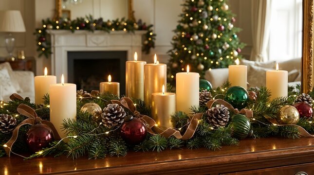Elegant christmas table centerpiece with glowing pillar candles and festive ornaments in a cozy living room setting