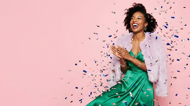 Happy woman dancing and celebrating with falling confetti highlighting modern lifestyle