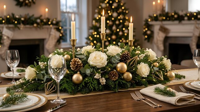 Elegant christmas dinner table setting with white roses candles and gold ornaments in a cozy dining room