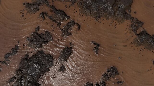Top view of brown wet sandy mud with wavy water ripples and dark dirt clumps in a natural coastal environment.