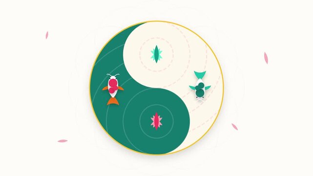 Minimalist yin yang symbol illustration with stylized koi fish and floating petals.