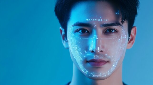 Futuristic facial recognition technology concept visualized with glowing blue digital mesh overlay scanning young man's face in dark environment with neon lighting