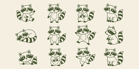 Cute cartoon raccoon collection set in various poses and expressions with wildlife character illustration expression collection standing sleeping creative friendly whimsical isolated