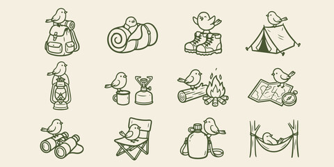 Camping equipment icon set with little birds for outdoor enthusiasts adventure backpack campfire equipment illustration wilderness trekking wildlife activity lifestyle vacation exploration