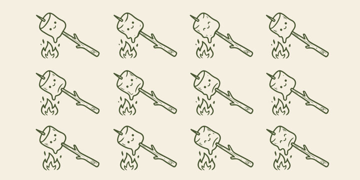 Set of cute campfire roasted marshmallows in line art style with marshmallow campfire roasting illustration collection handdrawn adventure vacation recreation charcoal