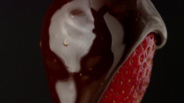 macro strawberry chocolate drip slow motion liquid cocoa delicious food lust