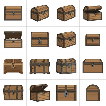 Wooden treasure chest icons for game loot systems.