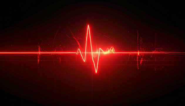 Abstract red neon pulse line on a dark background, representing sound waves and medical heartbeat