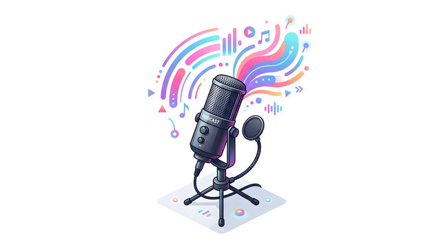 Professional studio podcast microphone with colorful abstract soundwaves and music notes vector illustration isolated on white background for audio streaming, radio broadcasting, or vlog logo.