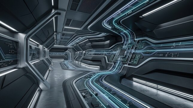 Futuristic SciFi Corridor with Glowing Blue Lines and Abstract Design