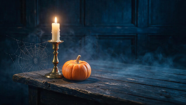 Dark wood table holds a single lit candle. Candle stands beside a small orange pumpkin. Delicate spiderweb hangs nearby, catching the glow. Smoke drifts through the air, adding mystery