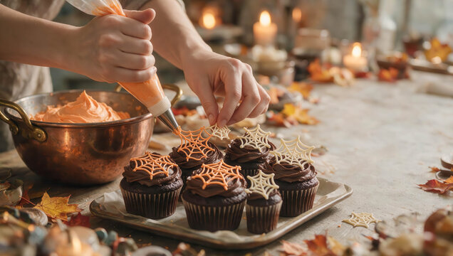 Hands pipe orange icing over chocolate cupcakes. Cupcakes sit on a tray beside autumn leaves. Candles glow softly in the background. Scene evokes cozy, festive baking atmosphere