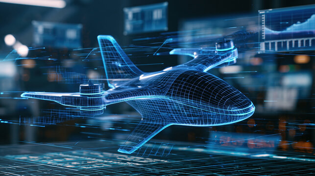 Futuristic aircraft vertical takeoff landing drone wireframe blueprint technology aviation