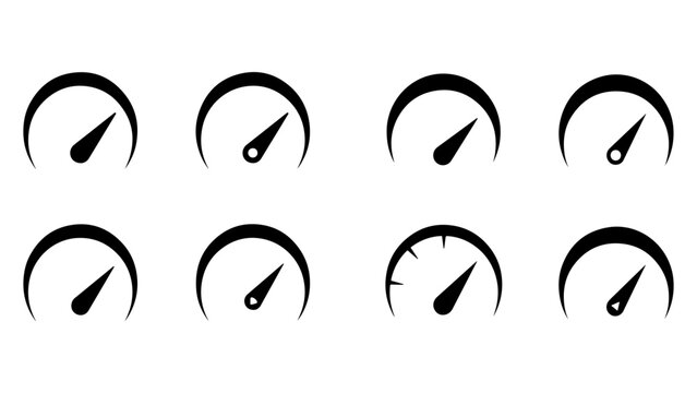 Speedometer icon set representing performance or speed tracking on white isolated background.