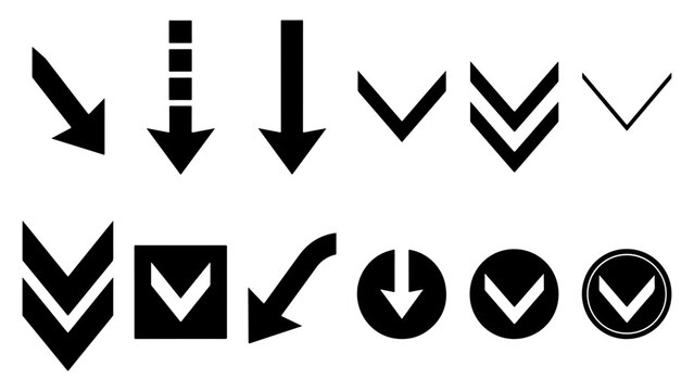 Black arrow collection showing downward direction and pointing down for navigation and menu.