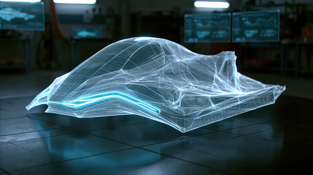Futuristic vehicle hologram design prototype concept transport laboratory blue wireframe