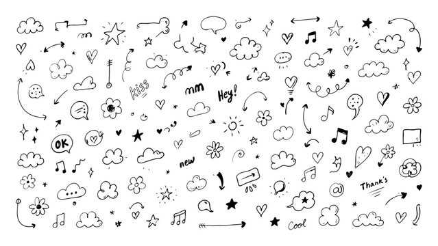 Hand drawn doodle set with clouds musical notes flowers stars and speech bubble elements.