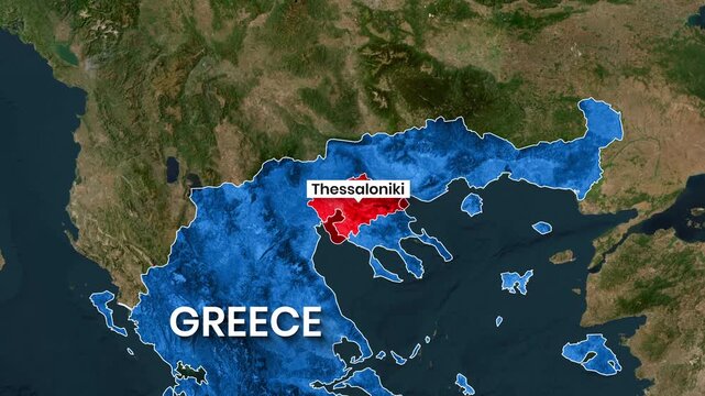 Detailed map animation showing Greece highlighting the Thessaloniki region