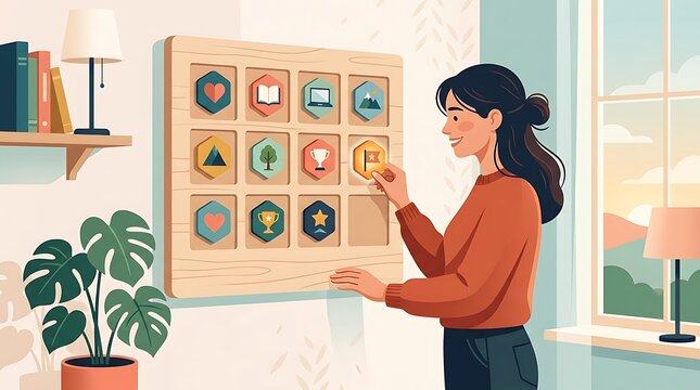 Woman organizing icons on a wall board
