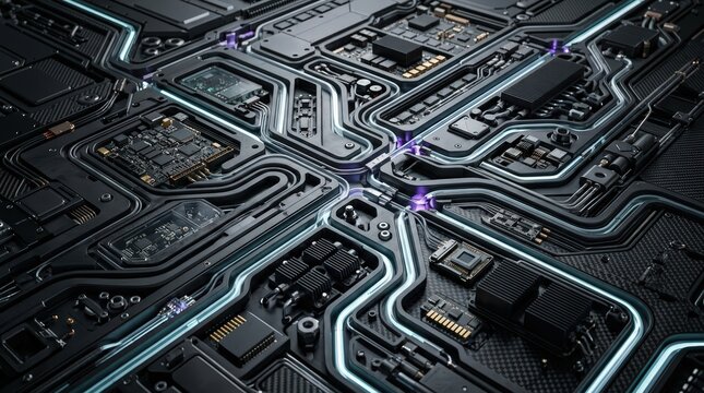 Intricate Futuristic Circuit Board Network with Glowing Data Streams