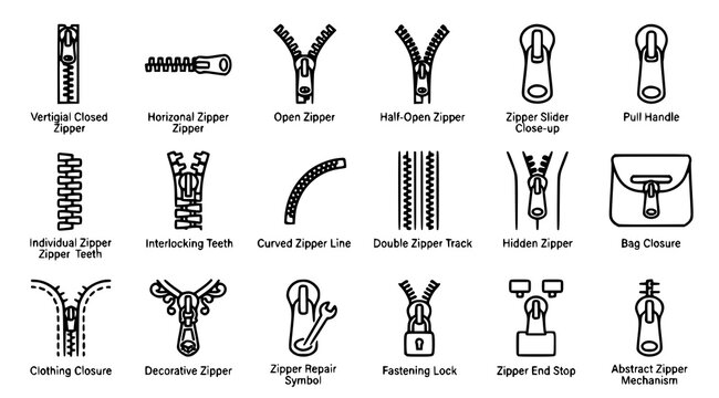 Minimal zipper and clothing fastener icon collection with open closed editable black thin line vector