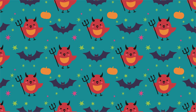 Seamless Halloween pattern features cute little red devil characters with pitchforks, flying bats, pumpkins, and colourful stars.
