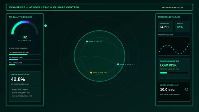 Futuristic Digital Dashboard Displaying Atmospheric Data and Urban Climate Control Analytics