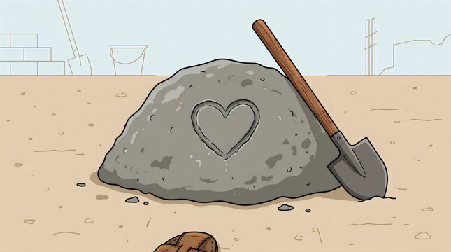 Heart shape drawn in a pile of wet cement on a construction site