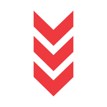 Vertical downward pointing chevron arrow set colored in bright red isolated on white background for web page scrolling indicators navigation buttons infographic data representation signage direction.