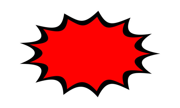 Comic book style speech bubble featuring vibrant red explosion shape with thick black outline isolated on plain white background for callout text alerts messaging notification promotional tags.