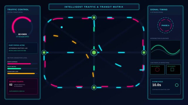 Futuristic Traffic Control Dashboard Displaying Autonomous Vehicle Movement Patterns and Analytics