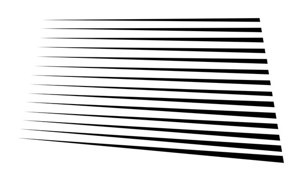 Black perspective motion lines create dynamic speed effect for comic book illustrations and action photography backgrounds featuring parallel horizontal stripes tapering towards vanishing point.